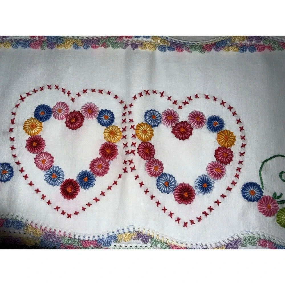 Vintage Pair Of Hand Embroidered Linen Pillowcase Pink Yellow Blue Flowers Heart